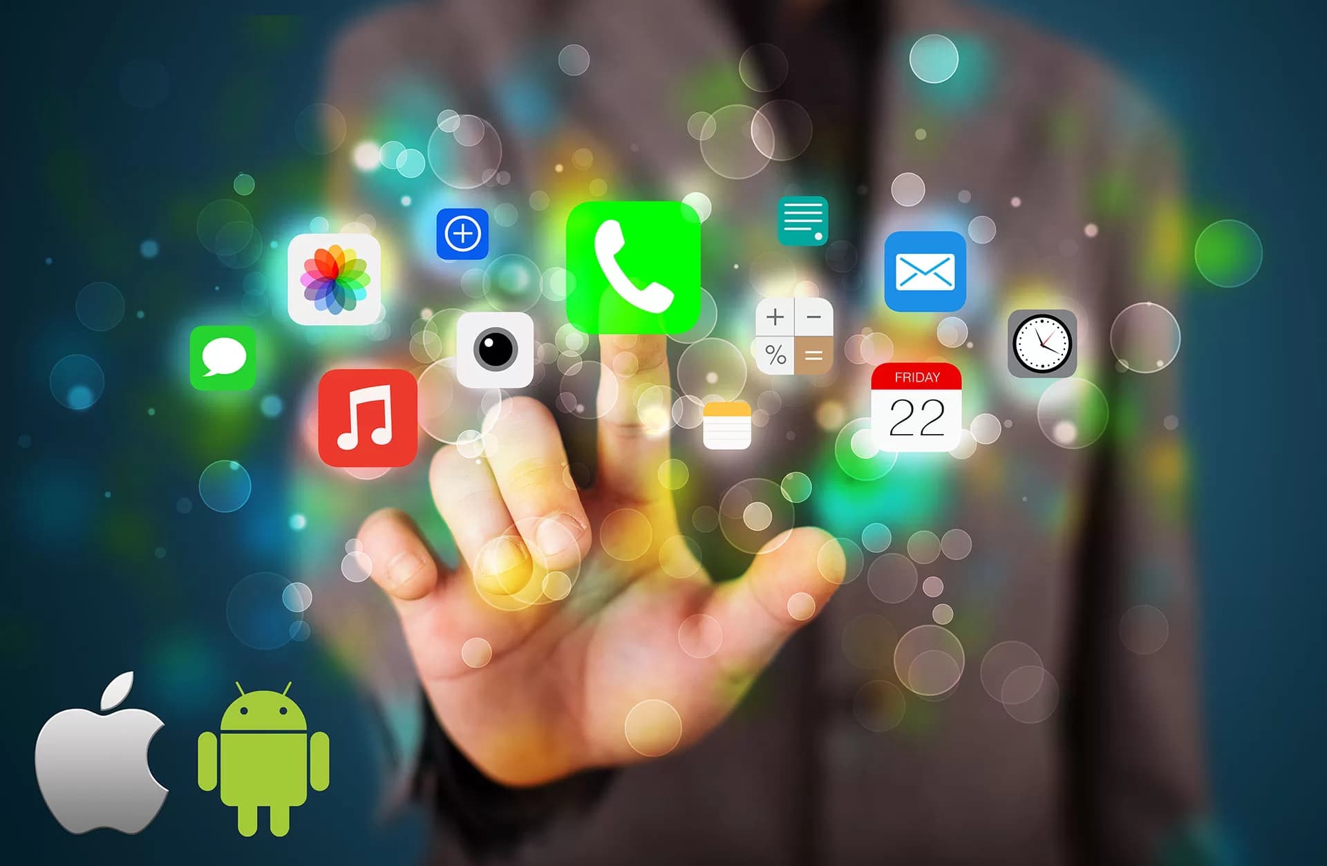 A person interacts with floating mobile app icons, including messaging, photos, music, calendar, email, and calculator, with Apple and Android logos in the bottom left corner.